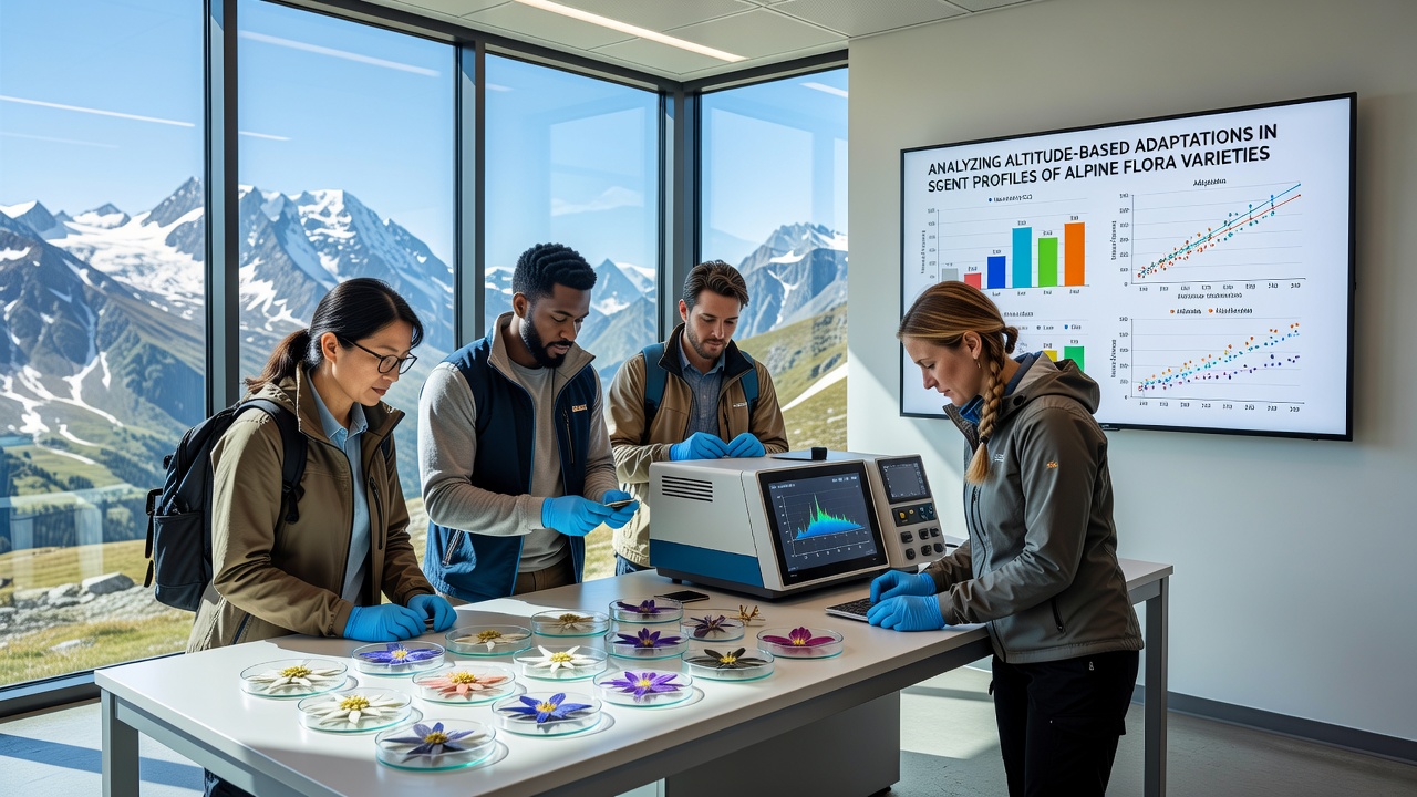 Close-up view of alpine flower sampling equipment and volatile collection setup on a high-elevation slope