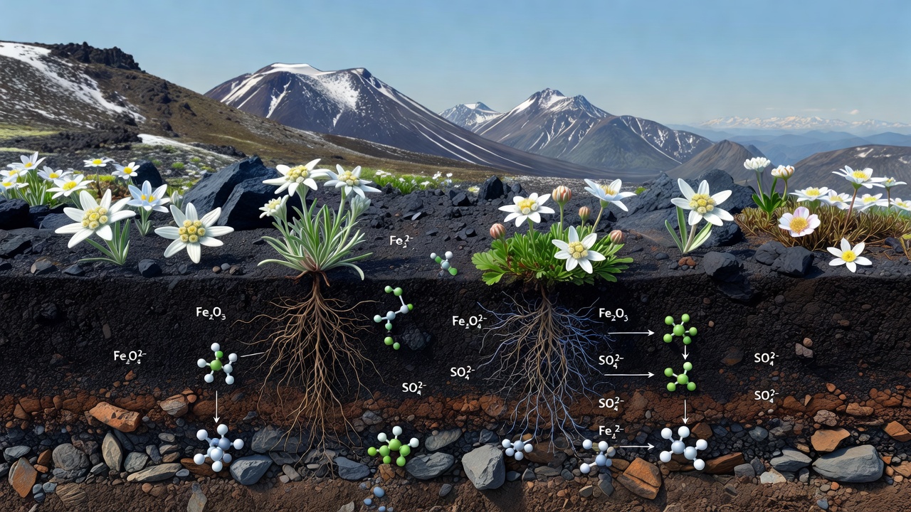 Close-up of terpene-rich alpine flowers rooted in dark volcanic substrate