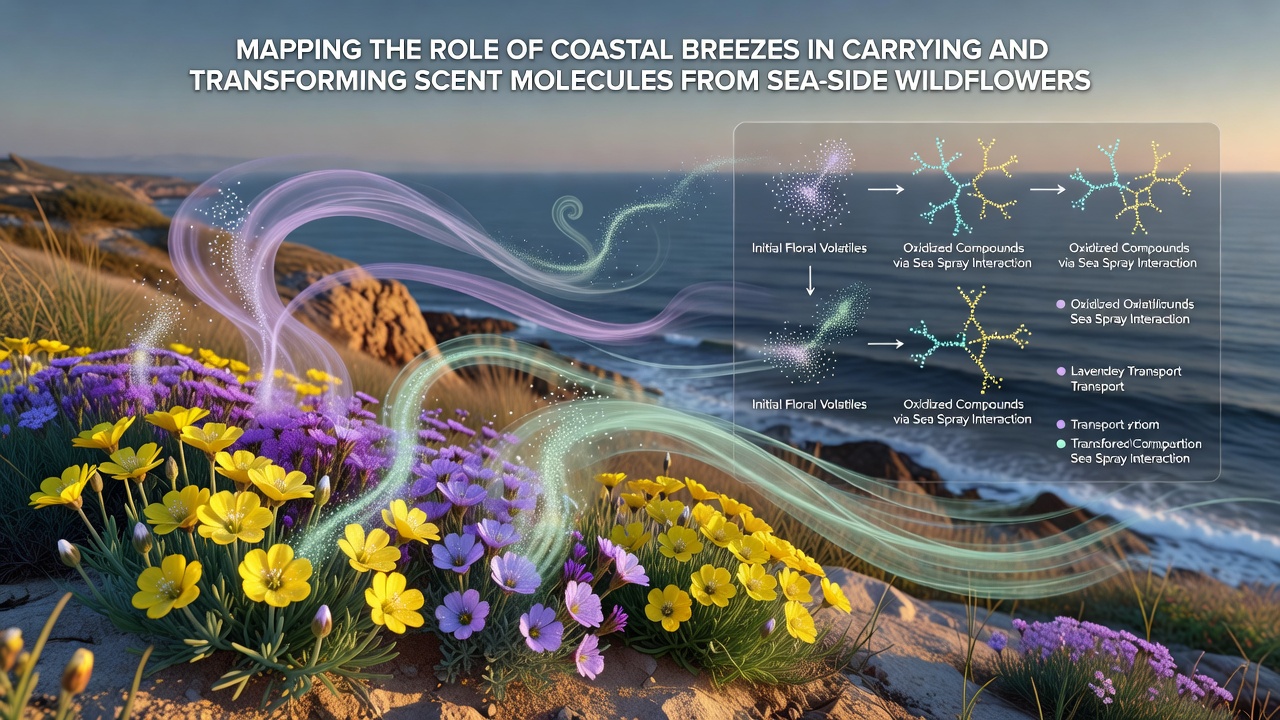 Atmospheric modeling visualization showing scent plume dispersion from coastal flowers toward inland areas